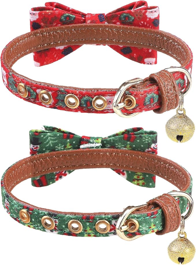 PUPTECK Puppy Collar with Bell XXS Dog Collar Charm Adjustable Bowtie Soft Leather for Cats Kittens Extra Small Dogs 2 Packs