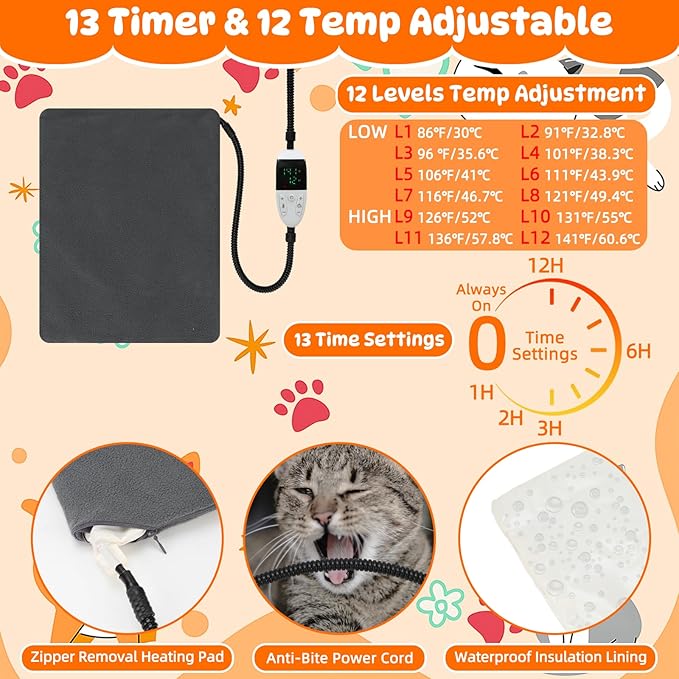 FHTONGE Heated Cat Bed House with Timer Temp Adjustment, Thermal Enclosed Kitten Beds Hideaway Machine Washable, Self-Warming Cozy Pet Nest Covered Beds Cave for Indoor Kitten Old Cat Puppy Small Dog