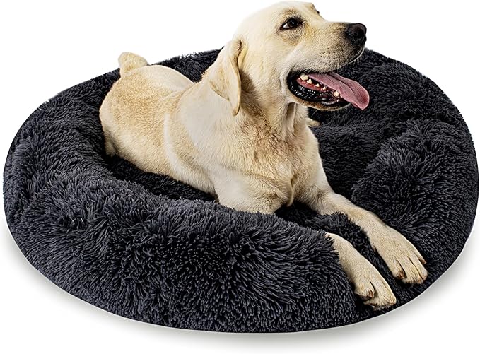Calming Dog Bed for Big Dogs, 39'' Round Anti-Anxiety Warm Fluffy Plush Faux Fur Bed, Soft Anti-Slip Donut Washable Big Pet Bed, Cozy Big Dogs Bed, Fits up to 100 lbs Pets