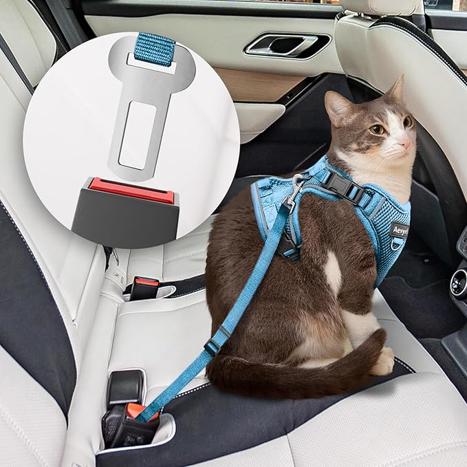 Cat Harness and Leash for Walking, The Upgrade Can be Adjusted in Four Directions and Breathable Cat Harness for Anti Escape that can be Fitted and Positioned, Reflective Strips Harness, Blue, S