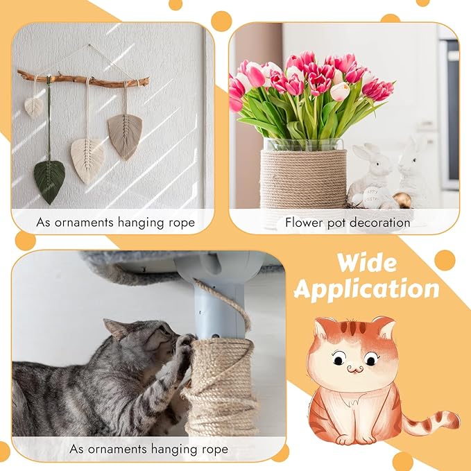 50 Feet Sisal Rope for Cat Scratching Post, 1/4 Inch Natural Cat Tree Rope, DIY Hemp Twine Rope for Repairing, Recovering Scratch Post Cats Tree Tower Replacement (Natural)