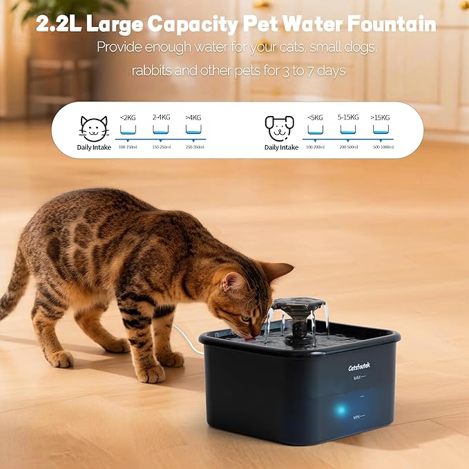 Cat Water Fountain, 74oz/2.2L Catsfoutek Pet Water Fountains for Cats Indoor, 12 Set of Filters Automatic Cat Water Dispenser with 2 Ultra Quiet Pump- for Pets and Small Animals, Black