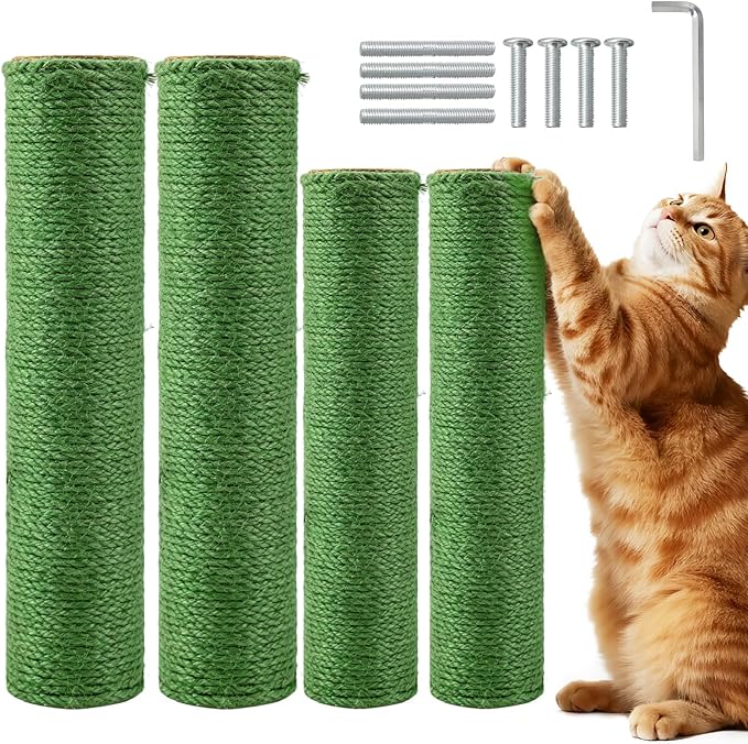 4 Pack Cat Scratching Post Replacement, 11.8 x 2.7 Inch Sisal Poles with M8 Screws, Refill Parts for Indoor Cat Towers and Furniture Repair-Green
