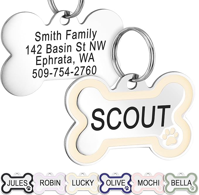 GoTags Stainless Steel Pet ID Bone Round and Heart Shaped Tags with Enamel Paw Design, Personalized Dog and Cat Tags, up to 5 Lines of Custom Text, Engraved on Both Sides (Cream, Small Bone)