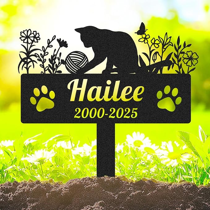 Personalized Cats Memorial Grave Marker Custom Metal Flowers Cat Memorial Garden Stake with Paws, Customized Pet Cat Statue Memorial Plaque Burial Marker for Pet Cemetery Yard Grave Decor