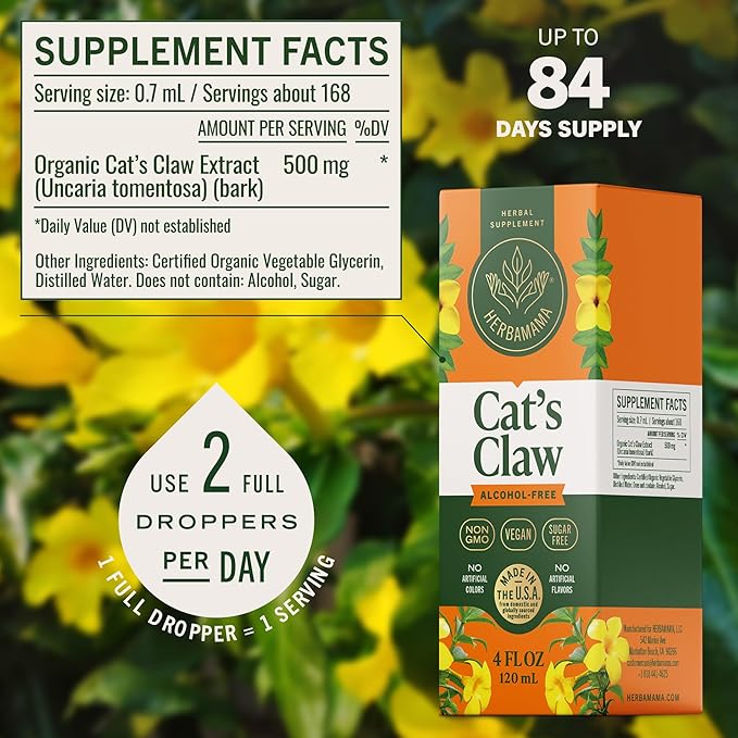 HERBAMAMA Cat's Claw Tincture - Vegan Immune Support with Cat's Claw Extract Supplement - Non-GMO, Alcohol & Sugar-Free Uncaria Tomentosa Extract Drops - 84-Day Supply