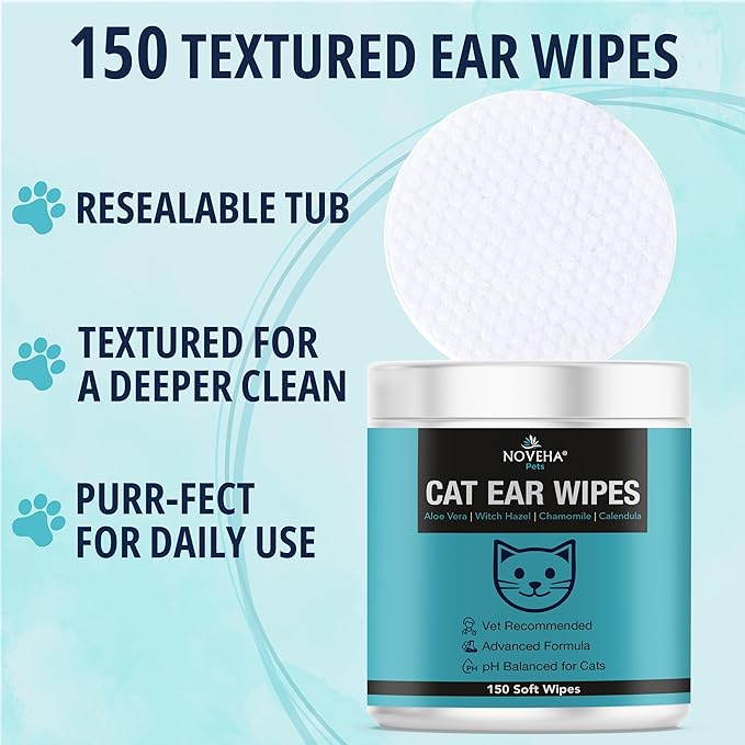 NOVEHA 150PCs Cat Ear Wipes - Pet Ear Cleaner - Safe & Soft Ear Cleaner for Cats - Easy & Gently Remove Wax, Dirt & Odor - Soothing, Non-Irritating, Unscented Grooming Care