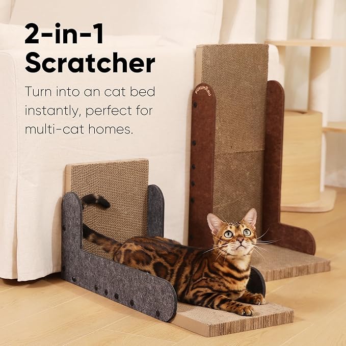 FUKUMARU Cat Scratcher, 26.8 Inch L Shaped Cat Scratch Pad Wall, Modern Cardboard Cats Scratching Board for Indoor Cats, Felt Vertical Scratching Post, Furniture Protector (Grey)