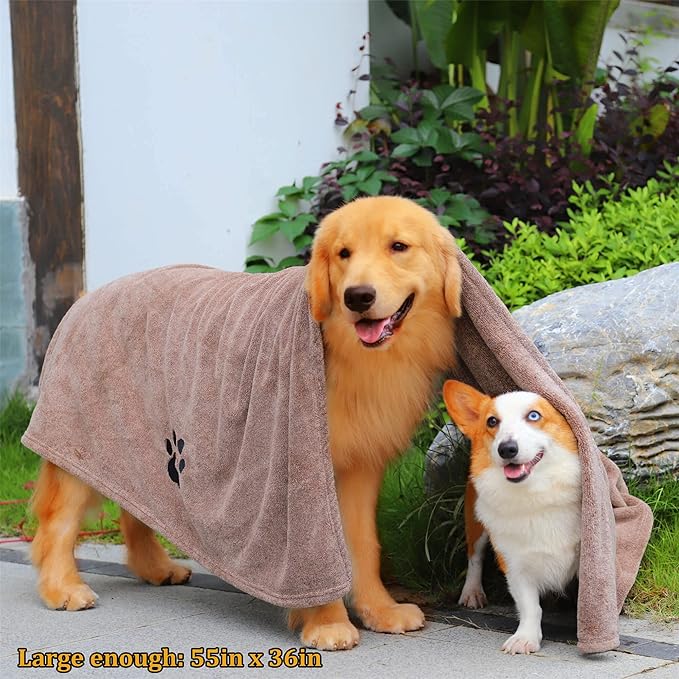 Extra Large Dog Towel - Pack of 2 - Super Absorbent Soft Microfiber Pet Bath Grooming Towels for Drying Dogs and Other Pets (XL-55" * 36", Grey and Brown)