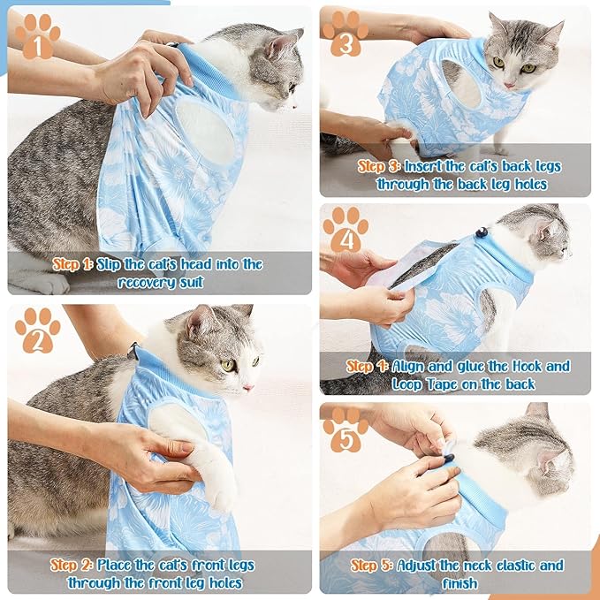 SlowTon Cat Recovery Suit - Cat Onesie for Cats After Surgery Female Male, Kitten Clothes Cats Surgical Spay Suit Abdominal Wounds, E-Collar Alternative Bodysuit Shirt Anti-Licking (Blue Flower,S)