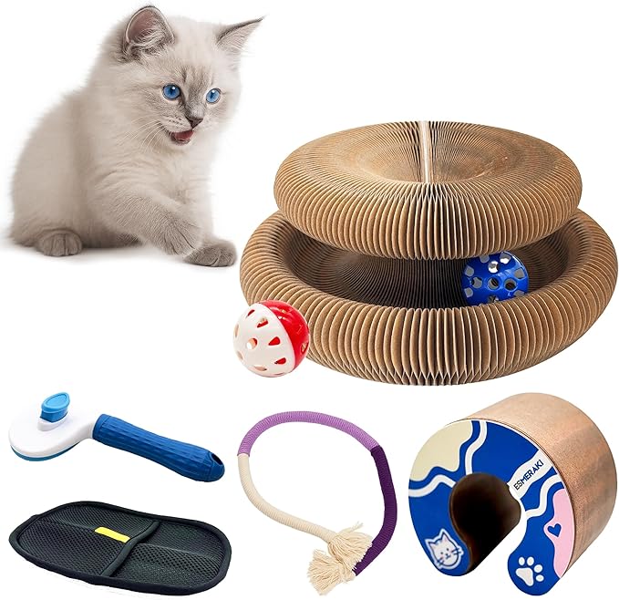 Kitty Kurlz Cat Scratcher Bundle for Kittens & Active Cats - Twisty Paws Reversible Infinity Kitty Curls Interactive Scratching Board, Stress-Relieving Cat Toy with Pet Hair Removal Glove & More