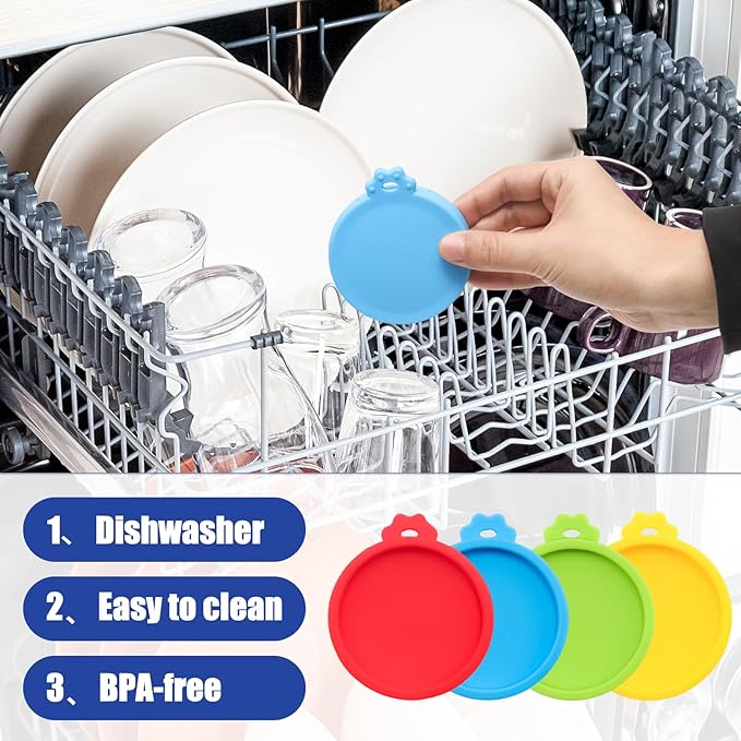 PINE & LINEN 4 Pcs 2.5inch Durable Pet Can Lids,Silicone Small Pet Can Covers Waterproof Cat Food Cans Lids for 3 oz Cat Food Cans(Green+Red+Yellow+Sky Blue)
