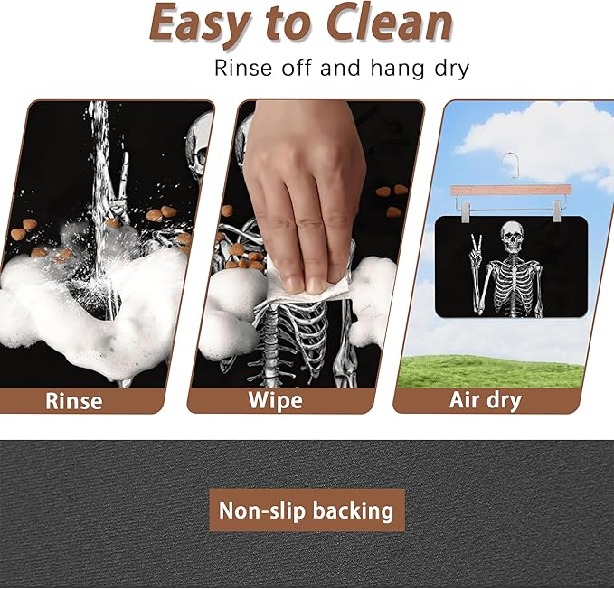 Funny Skull Skeleton Dog Food Mat for Floors,Absorbent Quick-Dry Pet Feeding Mat,Cat Dog Bowl Mats for Food and Water,Non-Slip Pet Accessories Supplies 16"x24"