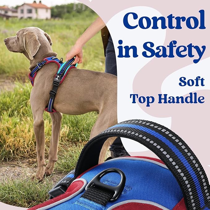 rabbitgoo Dog Harness for Large, No Pull Pet Harness with 3 Buckles, Adjustable Soft Padded Vest with Control Handle, Walking Reflective Pet Vest for Extra Large Dogs, Royal Blue & Red, XL