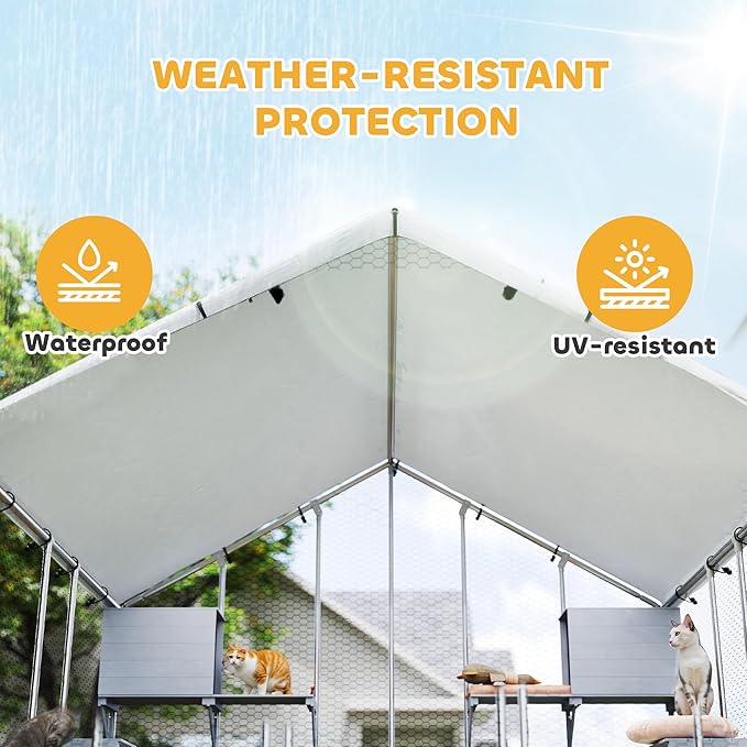 PawHut Catio Outdoor Cat Enclosure, 94.5" Extra Large Walk-in Cat House with Waterproof Cover, 2 Resting Boxes, 7 Jumping Platforms, Chicken Run Coop, Rabbit Hutch, Feral Cat Shelter Pointed Roof