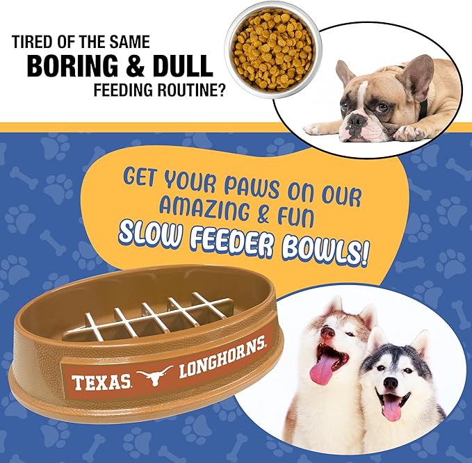 NCAA Super-Bowl - Texas Longhorns Slow Feeder Dog Bowl. Football Design Slow Feeding Cat Bowl for Healthy Digestion. Non-Slip Pet Bowl for Large & Small Dogs & Cats