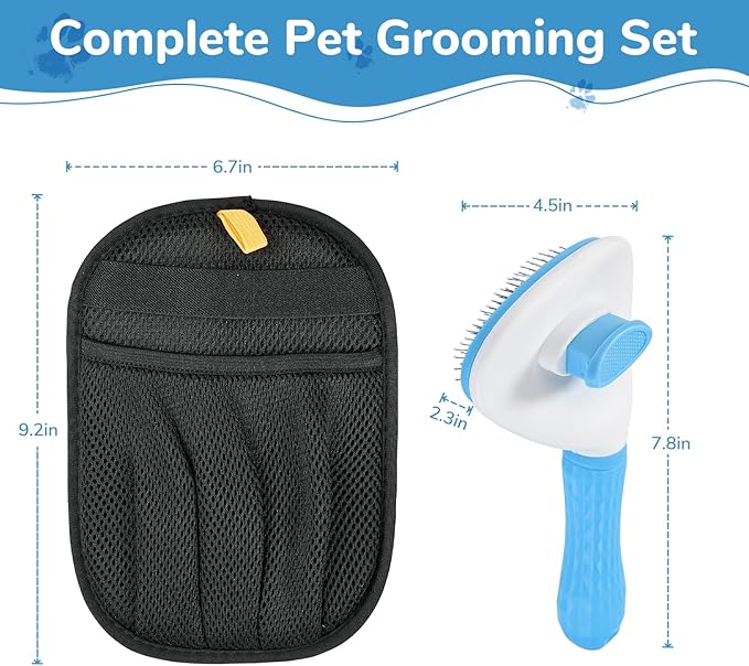 Pet Hair Removal Brush & Glove Set – Self-Cleaning Slicker Deshedding Brush and Reusable Hair Removal Glove for Dogs, Cats & Horses, Gentle Grooming Tool for Long & Short Haired Pets