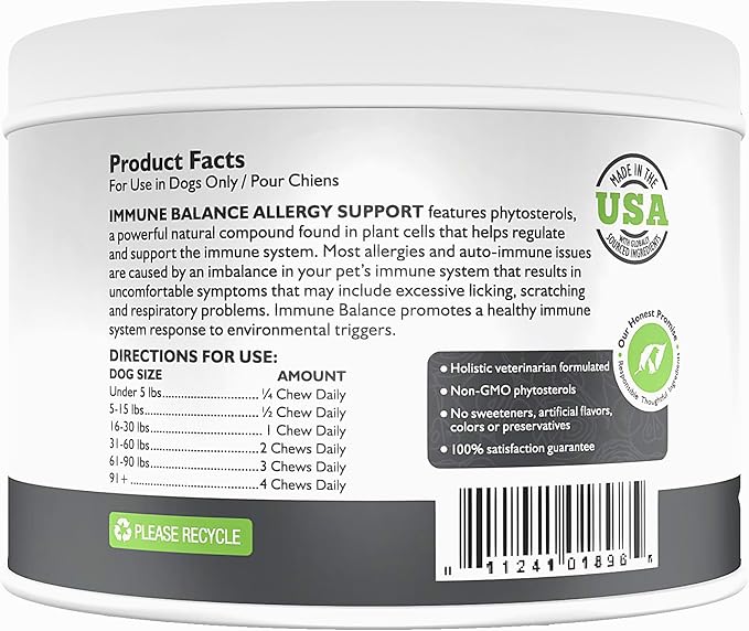 Only Natural Pet Immune Balance - Immunity Booster for Itchy Skin Licking & Scratching w/Phytosterols for Seasonal or Food Allergies Vitamin Supplement for Healthy Dogs - 60 Soft Chews