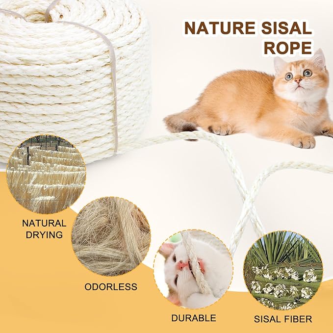 Sisal Rope for Cat Scratcher, Cymuber 6mm Cat Sisal Rope for Replace Scratching Post and Scratcher Repair, DIY Hemp Twine for Tree Tower Carpet Mat Kicker House Pet Toy and Crafts(164-Feet/50M)