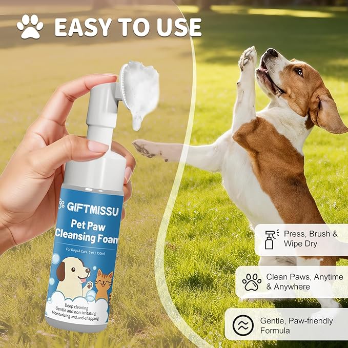 Dog Paw Cleaner Foam for Dogs & Cats, Plant-Based Paw Wash for Dirt and Outdoor Mess, Gentle Pet Paw Cleaner with Soft Brush Head for Easy Dog Foot Cleaning, 5 fl oz