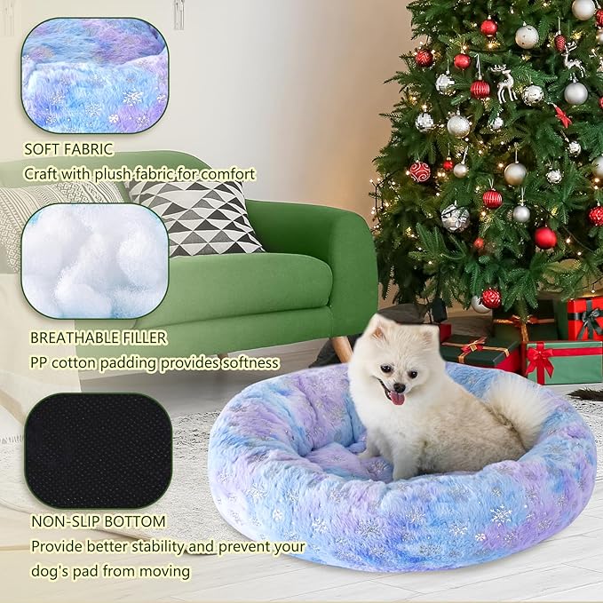 23 Inch Christmas Snowflakes Calming Dog Bed for Small Dogs Cats, Kitty Puppy Round Anti-Anxiety Warm Bed, Soft Cozy Anti-Slip Donut Washable Pet Bed, Fits up to 30 lbs Pets