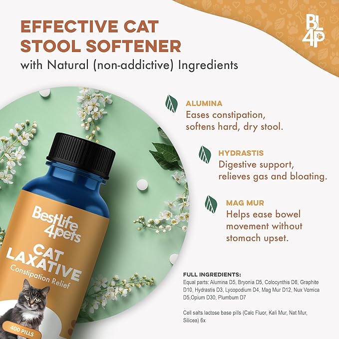 Cat Laxative Constipation Relief for Cats, Natural Stool Softener Support, Odorless Pills for Cat Constipation Relief, Promotes Regular Bowel Movement & Digestive Comfort, Easy Dosing (400 Pills)