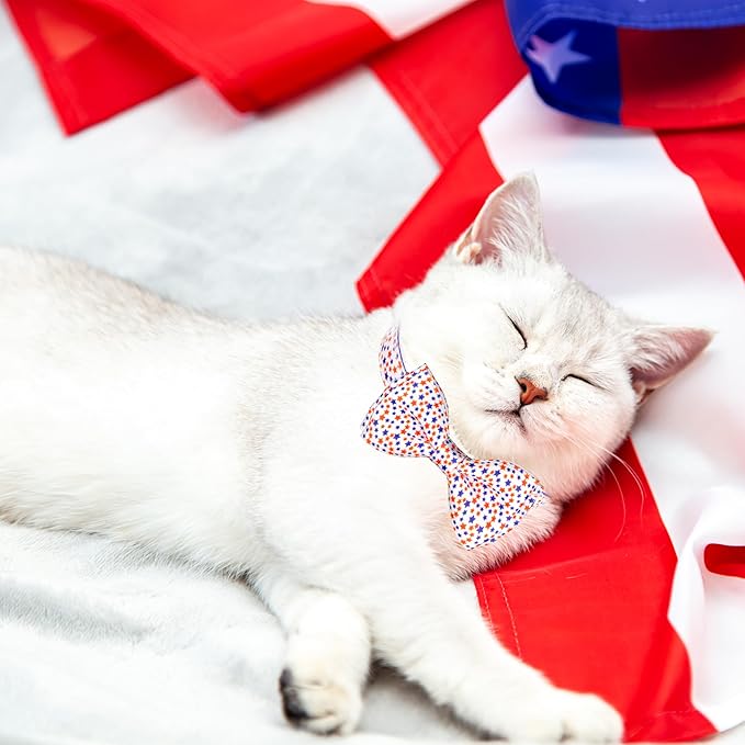 2 Pack 4th of July Cat Collar with Bow Tie Patriotic Adjustable Breakaway Safety Buckle Kitten Collars with Stars & Stripes Design and Charm Independence Day Cat Accessories for Boys & Girls