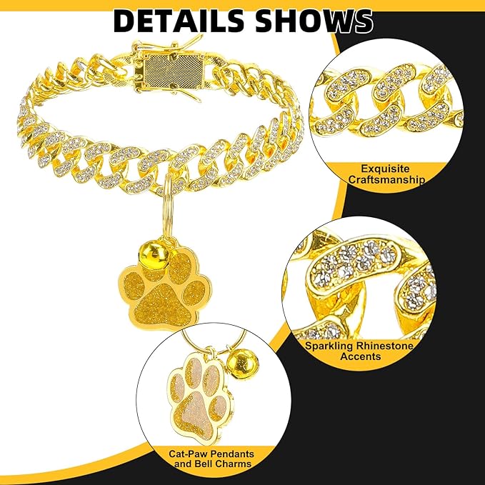 EXPAWLORER Cat Collar Chain,Diamond Gold Glitter Collar Walking Metal with Secure Buckle Link Cuban Pet Rhinestones Necklace Accessories with Paw Charm and Bell for Cats Dogs Kittens (10 Inch,Gold)