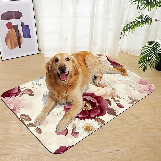 Vintage Floral Rose Pet Feeding Mat–Christmas Stocking Quick Dry Absorbent Dog Cat Food Mat, Non Slip Waterproof Bowl Placemat for Messy Eaters, Pet Accessories for Floors 12"x20"