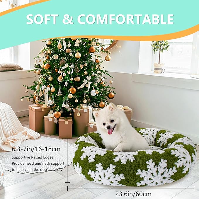 23 Inch Christmas Snowflakes Calming Dog Bed for Small Dogs Cats, Kitty Puppy Round Anti-Anxiety Warm Bed, Soft Cozy Anti-Slip Donut Washable Pet Bed, Fits up to 30 lbs Pets