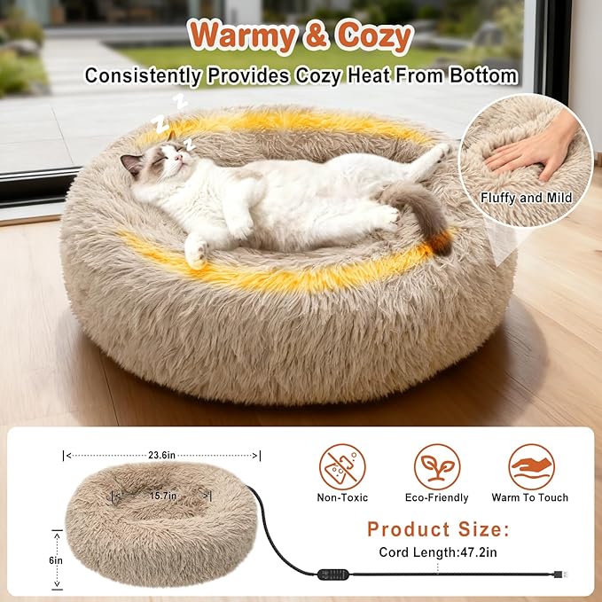 Heated Cat Beds for Indoor Cats and Small Dogs, 24'' Heated Pet Bed with Timer and Temp Adjustable, Cozy Fluffy Round Calming Pet Beds Removable Washable Cover USB Electric Warm Cat Bed- Camel