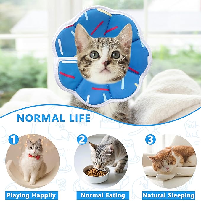Soft Adjustable Cat Cone Collar, Comfortable Cat Recovery Collar Suitable for Various Types of Cats,Elizabethan Neck Protective Collar for Cats After Surgery (Blue Stripe, Small)