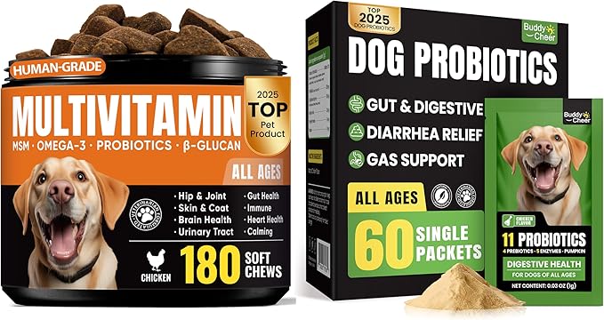 Dog Daily Nutrition & Digestive Support Bundle – Multivitamin Soft Chews with Probiotic Powder for Gut Health & Wellness
