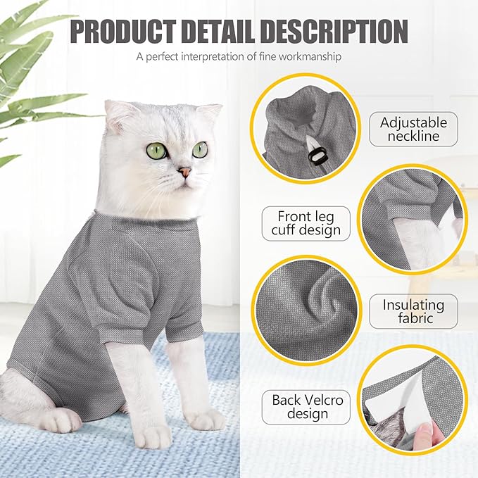 Cat Surgery Recovery Suit - E-Collar Alternative Anti-Licking Spay/Neuter Bodysuit, Soft Pet Surgical Pajamas for Cats, Abdominal Wound Onesie (Grey, Medium)