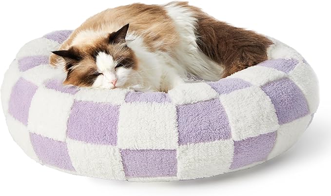 LE SURE Shown on TV Cat Beds for Indoor Cats - Round Donut Small Dog Bed Calming Gift for Pets, Cute Modern Home Decor Beds with Jacquard Shaggy Plush & Anti Slip Bottom, 20 Inch, Purple