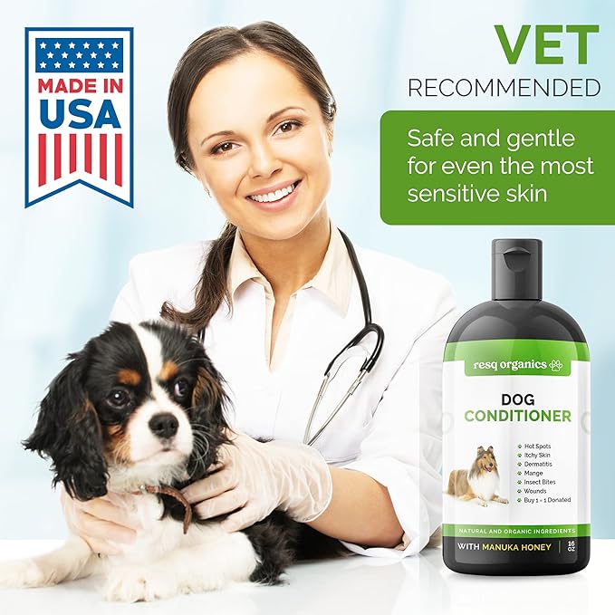 Hypoallergenic Dog Coat Conditioner- Detangles & Softens Fur, Calms Itching & Dryness, Organic Aloe Vera & Manuka Honey Soothes The Skin, Reduces Dandruff, Shedding, Scratching and More.