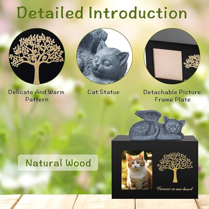 Cat Urns for Ashes, Tree Pattern Wooden Keepsake with Photo Frame, Pet Urn Memory Box with Resin Animal Statue and Sealed Storage Bags (75lbs) (Black)