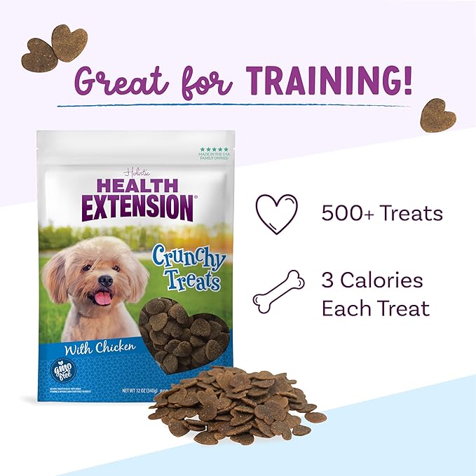 Health Extension Heart-Shaped Crunchy Biscuits, 12oz (340g) – Chicken Flavor, GMO-Free Dog Training Treats for Small Breeds, Added Vitamins & Minerals