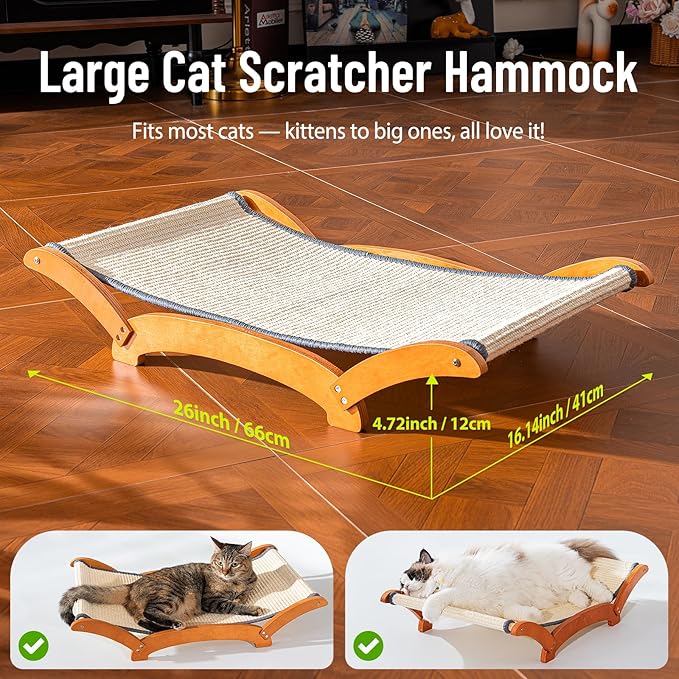 Sisal Cat Scratcher Bed for Indoor Large Cats Lounger & Sleep, Natural Durable Cat Scratching Hammock Pad Board, Solid Wooden Kitten Chair Furniture Easy Assembly