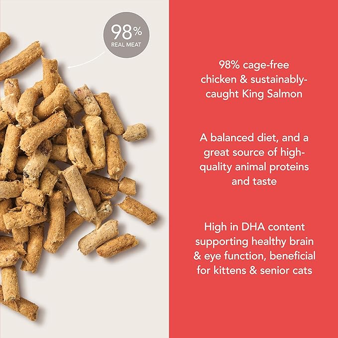Feline Natural Freeze Dried Cat Food - Grain-Free and High Protein Cat Food from New Zealand, Complete Meal or Topper for Kittens, Adults, and Senior Cats, Chicken and King Salmon, 100g