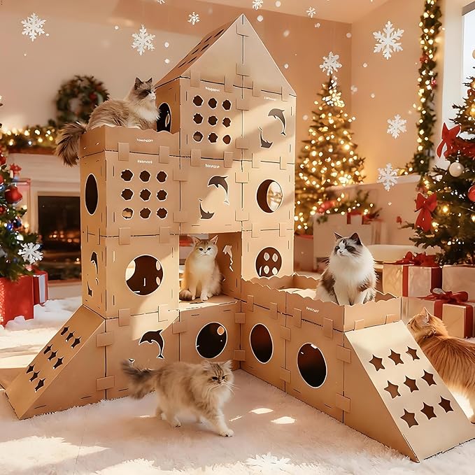 DIY Cardboard Cat House with Scratching Pad, Cat Tower Indoor Play House, Versatile Cardboard Cat Tunnel Box for One or More Pets, Indoor Use Rabbit Hideout Cave Castle Brown, 3 Parts