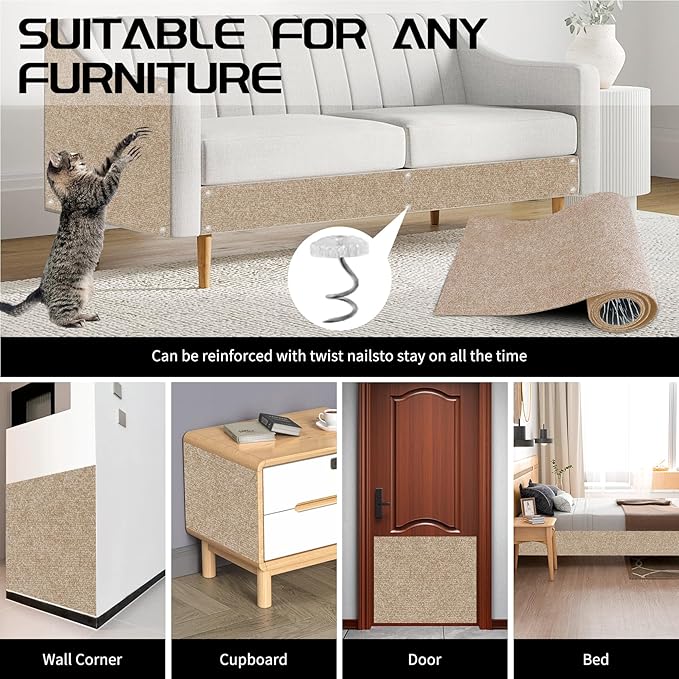 2 Pcs Total 78.8"x15.8" Cat Scratch Mat, Cat Scratch Couch Furniture Protector, Trimmable Self-Adhesive Cats Scratch Pads, DIY Cat Scratcher for Wall Protector and Covering Cat Tower (Khaki)