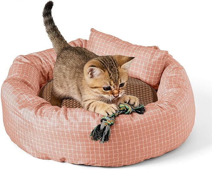 XXS Round Donut Cat Bed 18 Inch - Small Washable Cute Cat Bed for Indoor Cats, Cozy Soft Pet Bed for Crate, Carrier, Catio, Playpen, Wall Shelve, Replacement Cushion for Cat Desk Perch, Red