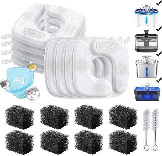 Veken Cat Water Fountain Filters, 8 Pack Replacement Filters & 8 Pack Replacement Pre-Filter Sponges Set for 50oz, 84oz, 95oz or 108oz Automatic Pet Fountain Dog Water Dispenser