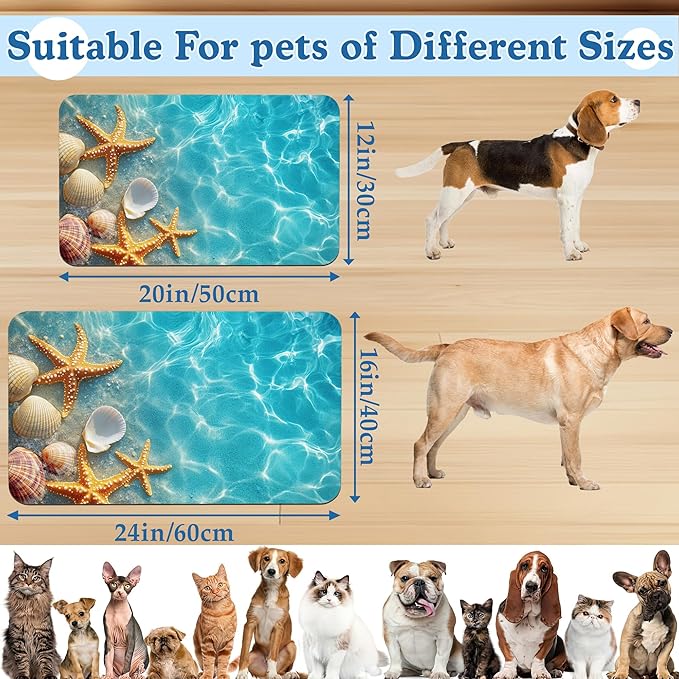 Starfish Seashell on Beach Pet Feeding Mat for Floors–Christmas Stocking Absorbent Quick Dry Dog Cat Bowl Mat for Food and Water, Non Slip Waterproof Base, Mess-Free Feeding Accessories 12"x20"