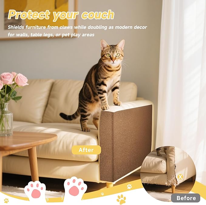 Cat Scratch Furniture Protector, 39.3''x15.8'' Trimmable DIY Self-Adhesive, Durable Corner Scratcher Couch Protectors from Cat Claws for Sofa, Tree Shelves & Scratching Posts (Brown)
