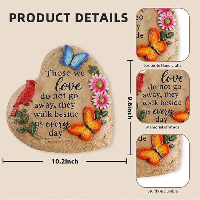 Memorial Stones for Loved Ones Outside with Cardinal Butterfly Flowers, Sympathy Gifts for Loss of Loved One Waterproof Resin Grave Decorations for Cemetery 10 inch