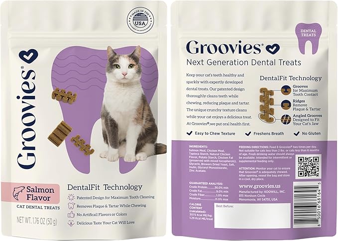 Groovies Cat Daily Dental Treats. Tasty, Crunchy Bites Cats Love. Powered by USA-Patented DentalFit Tech. No Gluten or Artificial Flavors or Colors. 1.76oz Each bag- (2 pack) of (1)Chicken & (1)Salmon