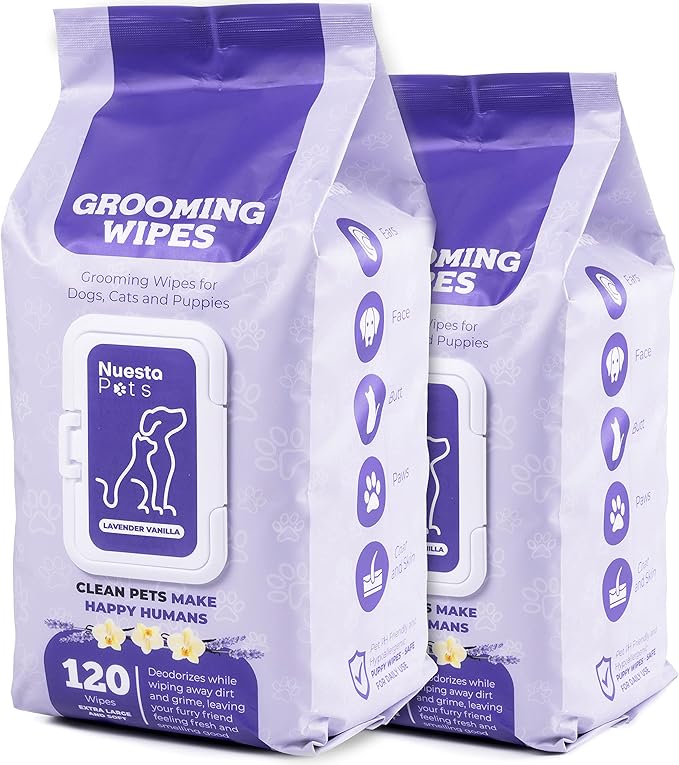 Pets Lavender Vanilla Pet Wipes - Deodorizing No Bath Cleaning for Dogs & Puppy Grooming | Ear, Face, Butt, Paw Wet Wipe | Enriched w/Aloe, Chamomile, Oat Amino Acids for Healthier Coat & Skin
