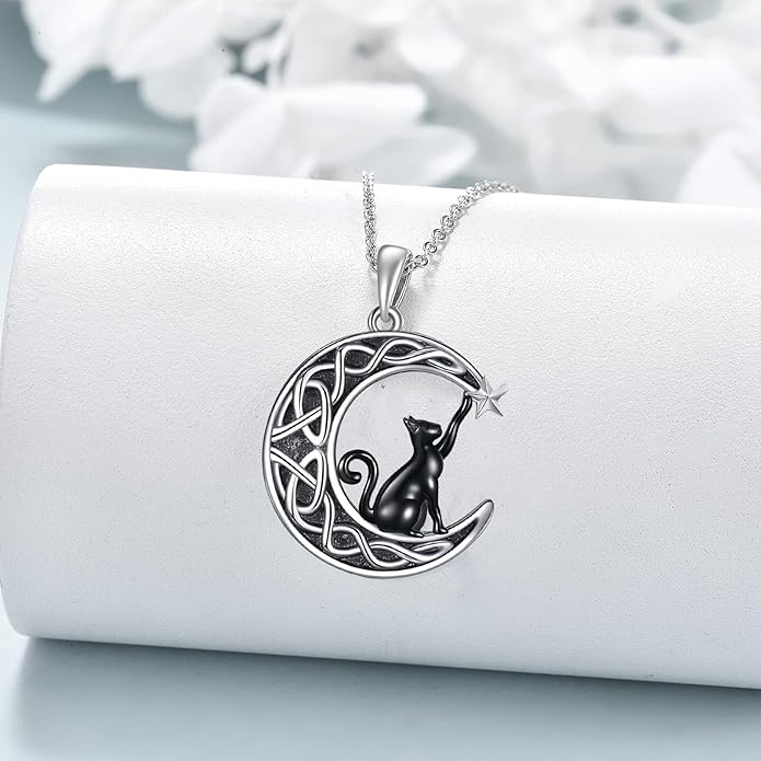 Celtic Moon Black Cat Necklace for Women - Abalone Tree of Life Sterling Silver Cat Lovers Jewelry